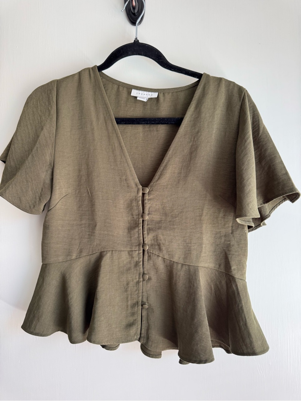 Topshop Olive Peplum Button-Front Blouse